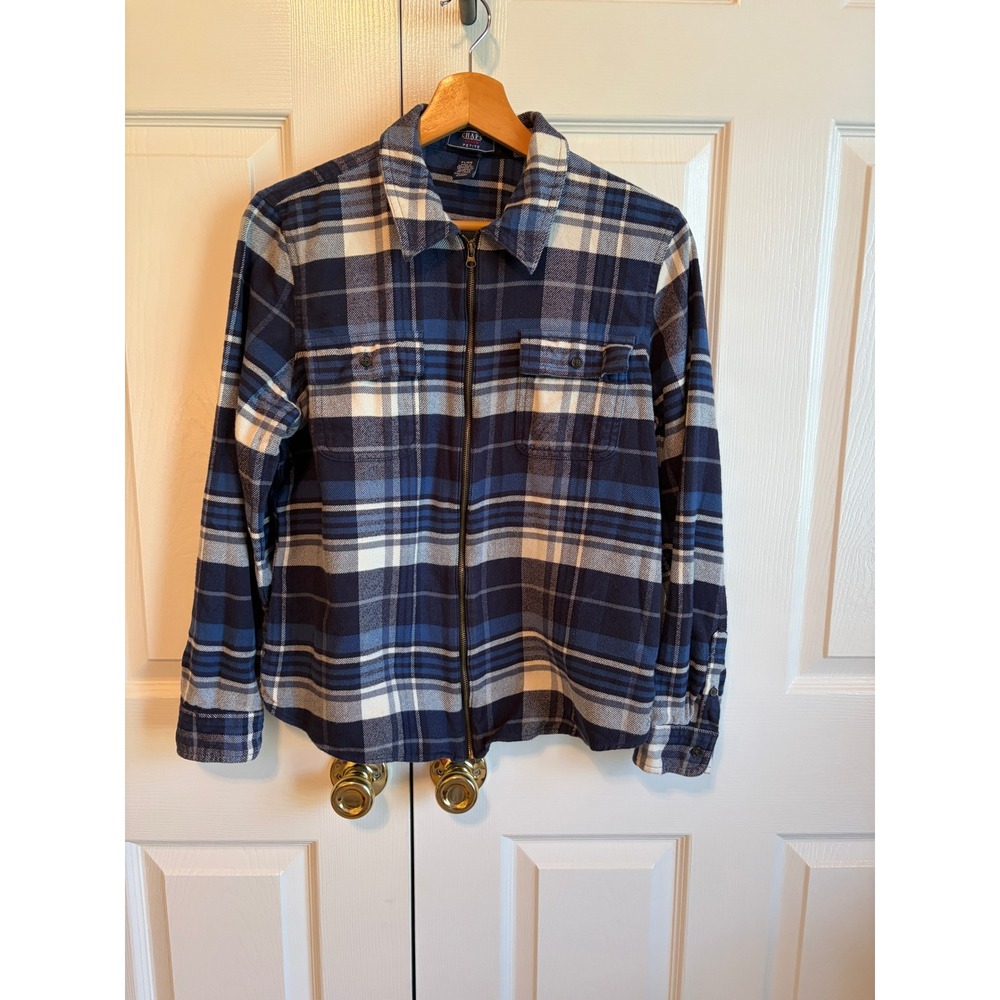 Chaps Petite Blue Plaid Zip Front Flannel Shirt Jacket Women Large P
